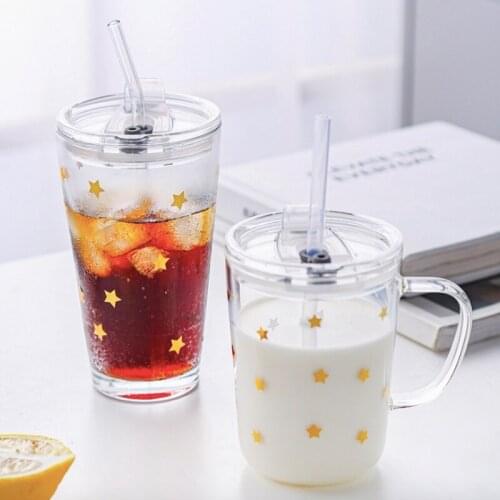 Lovely Transparent Glass Water Bottle Cup With Straw Cartoon Plastic Water Cup Cute Kids Girl School Kawaii Bottles Flask Pink