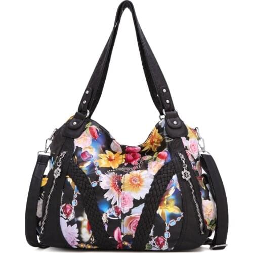 Angel Me Fashion Floral Print Women Satchel Handbag Shoulder Bag Messenger Tote with Long Shoulder Strap in Washed PU Leather