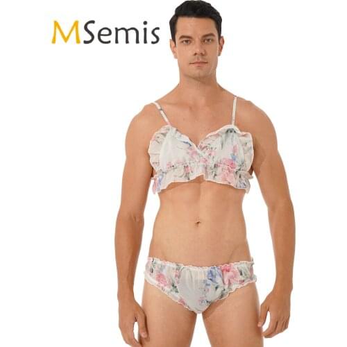 Mens Erotic Lingerie Sissy Crossdresser Set Printing Ruffled Sexy Nightwear Adjustable Straps Bra Tops with Briefs Underwear