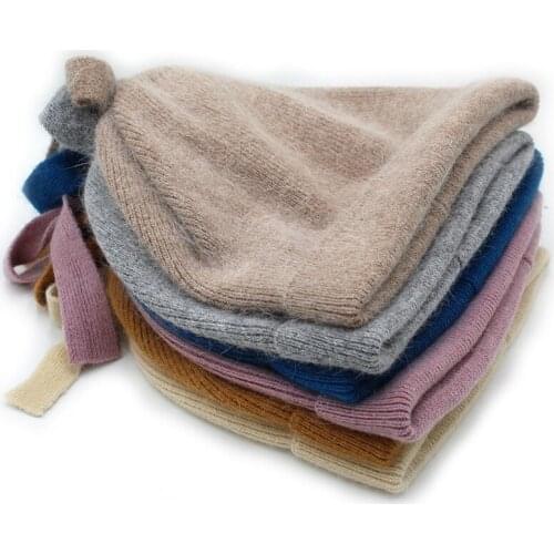 Womens winter hats angola rabbit fur cuffed beanie hat fashion female warm solid color young style ski bonnets