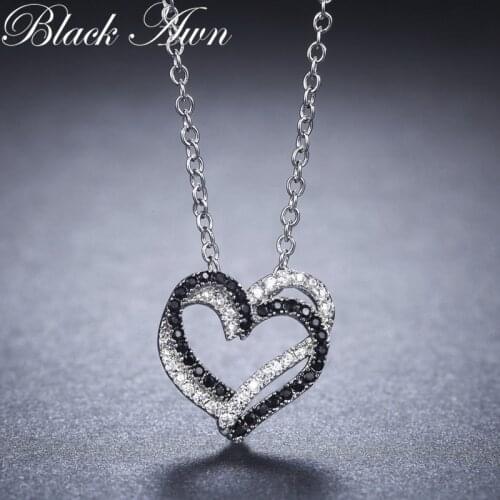 2020 New Black Awn Silver Necklace Genuine 100% 925 Sterling Silver Necklace Women Jewelry Heart Black&White Stone Pendants P107