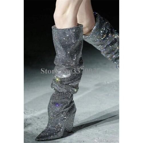 New Fashion Women Pointed Toe Silver Bling Bling Slip-on Over Knee Crystal Spike Heel Boots Pleated Rhinestone Long Boots