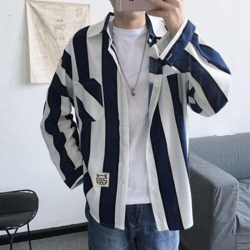 Autumn plus size mens striped shirt mens casual ins long-sleeved shirt Korean version of the net red tide inch shirt spring