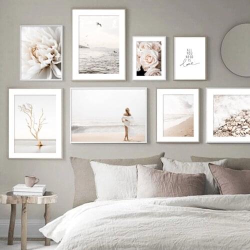 Peony Dry Tree Seagull Beach Pebble Girl Wall Art Canvas Painting Nordic Posters And Prints Wall Pictures For Living Room Decor