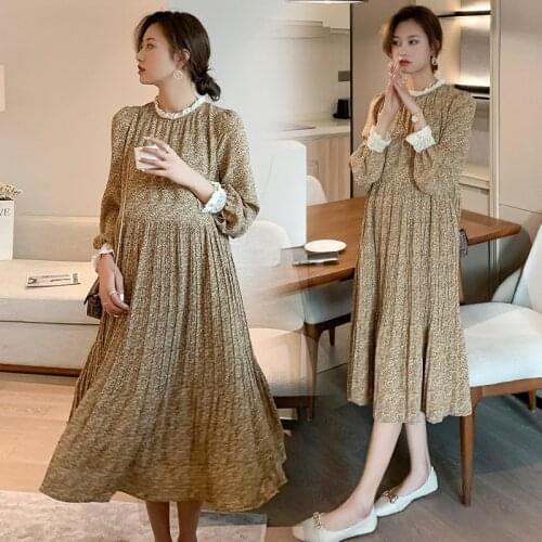 Pregnancy Dresses Pleated Flowers Loose Medium Length Maternity Clothes Long Sleeve Pregnancy Clothes Ruffle Maternity Gown