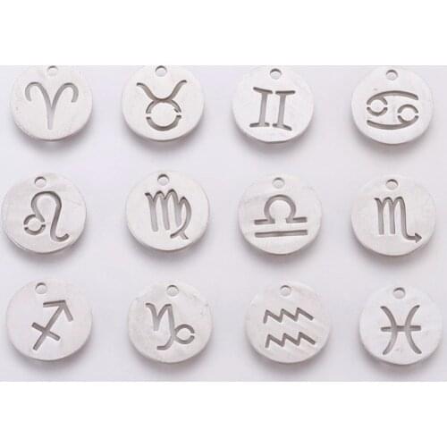 12pcs/set 12x1mm 304 Stainless Steel Charms Flat Round with Constellation Zodiac Sign Simple Solid Pendant Accessories Hole: 1mm