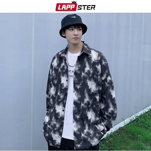 LAPPSTER Men Harajuku Tie Dye Causal Long Sleeve Shirts 2021 Mens Vintage Button Up Hawaii Shirts Man Designer Streetwear Shirts
