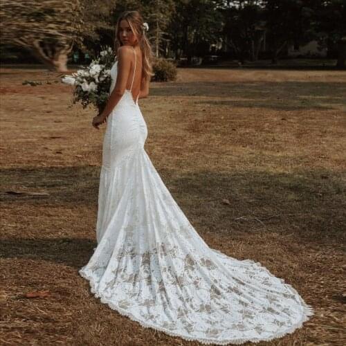 Sexy Boho Wedding Dresses Mermaid 2021 Backless Spaghetti Straps Lace Bohemian Bride Dress Marriage Gowns Vestido De Noiva