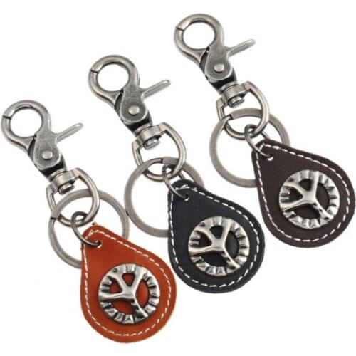 Vintage Retro Black Brown Keychain Alloy Peace Charm Genuine Leather Woman Man Bag Accessories Car Key Chain Punk Jewelry Gift