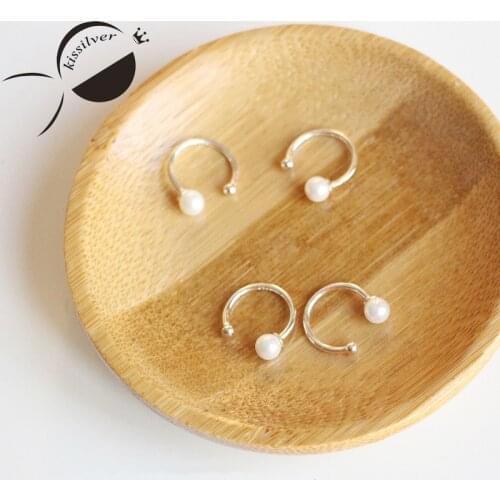S925 Sterling Silver Hoop Earrings Ear Cuff Small Pearl Bead Simple Ear Hoop Female Without Pierced Hoop Earring Women