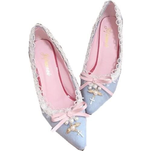 Blue pointed shallow mouth female high girl shoes summer butterfly womens shoes Vintage Sweet Lolita Shoes Victoria Kawaii cos