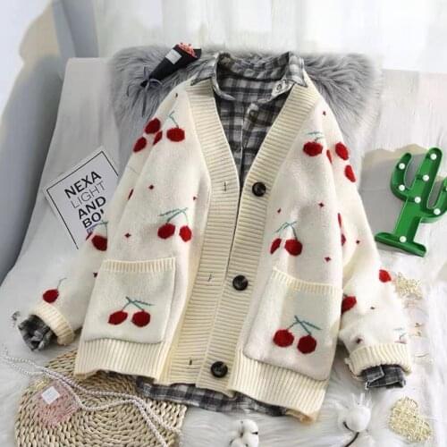 Womens Sweater Jacket Warm Knit Sweater Fruit Cherry Embroidery Knitted Cardigan V-neck Long Sleeve 2021 New Autumn Winter