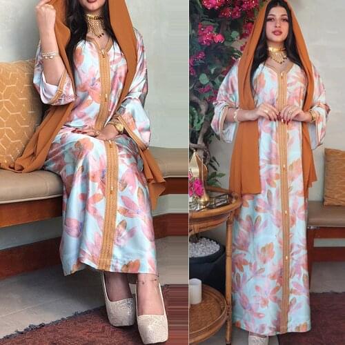 Abaya Muslim Women Floral Print Long Dress V-neck Moroccan Turkey V-neck Caftan Middle East Arabic Islamic Clothing Ramadan New