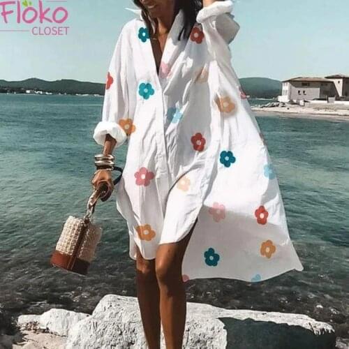 Flokocloset Women Long Sleeve Floral Print Shirt Dress Autumn Elegant Ladies Casual Loose A-Line Beach Boho Sundress