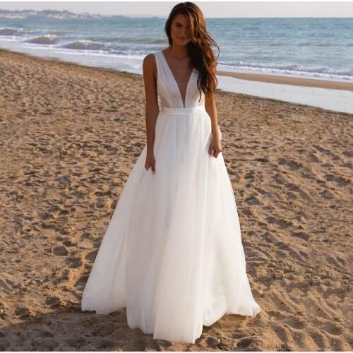 Simple Beach A-Line Wedding Dresses White Sexy V-Neck Sleeveless Bridal Gowns Vestido De Novia Boho Bridal Gowns Custom Size