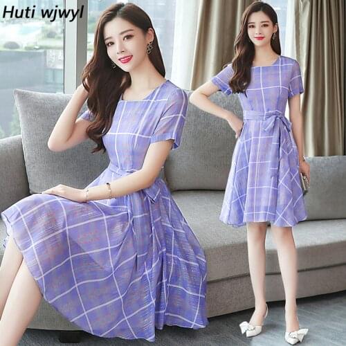 2021 Korean Vintage Plus Size Boho Midi Dresses Summer New Plaid Chiffon Beach Sundress Elegant Women Short Sleeve Party Vestido