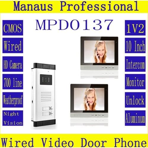 10 inch TFT LCD Color Wired Digital One to Two Video Door Phone High Quality Rainproof Smart Home 1V2 Video Intercom System D137