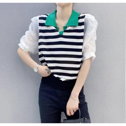 2021 Limited Room 205463, Row 8, No. 6, Upper Part] Non Real Shot Net Red Picture Lapel Stripe Short Sleeve Pullover Sweater 38