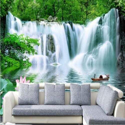 Wellyu Custom large frescoes green tree waterfalls lotus stream water fishing boat water health financial wallpaper