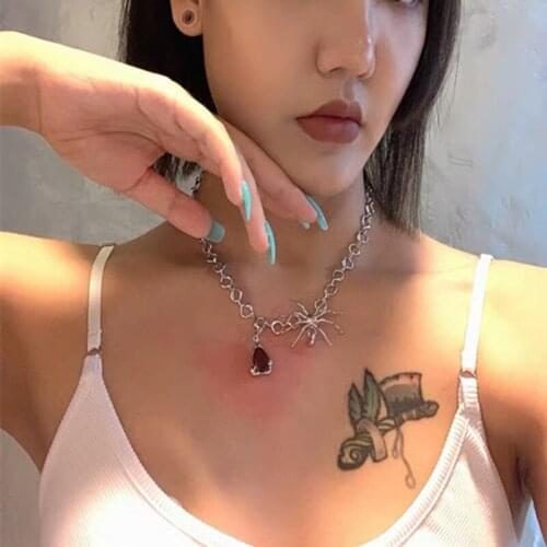 TIMEONLY Elegant Spider Red Rhinestones Pendant Neckalces Hollow Alloy Chunky Chain for Women Ladies Party Gifts Jewellery