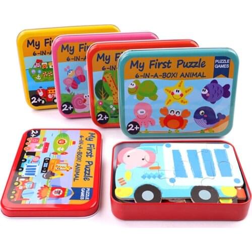 Baby Cartoon 3D Iron Box Wooden Animal/Traffic Puzzles Educational Toy Wooden Puzzle Jigsaw Toy for Children Gift