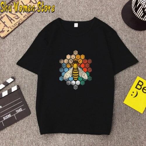 Bee Colorful Honeycomb Print T-shirts Women Summer 2021 Woman Tshirts Graphic Harajuku Tops Crew Neck Cotton Camisetas Mujer