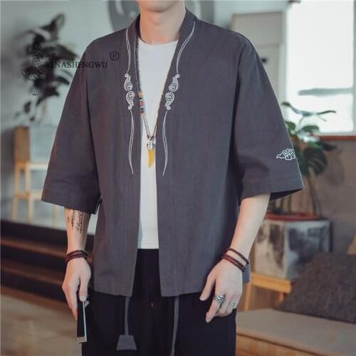 Kimono Samurai Embroidery Japanese Costume Men Harajuku Style Shirt Japan Haori Cardigan Chinese Traditional Print Yukata Coat