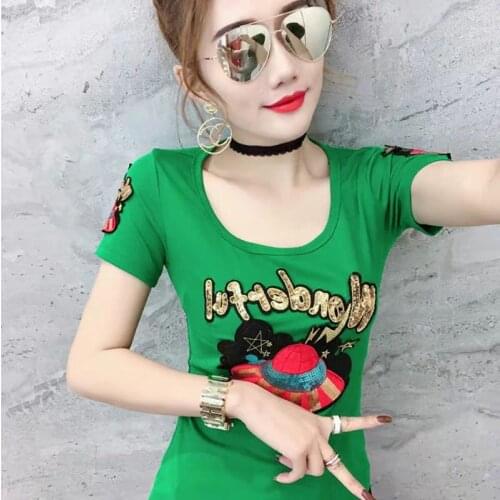 Summer 2021New Women Heavy Industry Sequin Short-Sleeve Female Slim Tshirt Lady Sexy Embroider T-Shirt Girl Temperament Tops W17