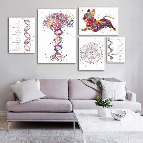 DNA Genetic Code Watercolor Poster Set Tree Office Decoration Science Wall Art Canvas Painting Biology Circle Chemistry Genetics