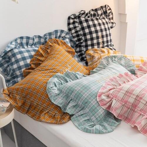 2pcs Letter Embroidered Check Pillowcase Korean Lotus Leaf Lace Princess Style 100% Cotton Cushion Cover Home Decor 48x74cm