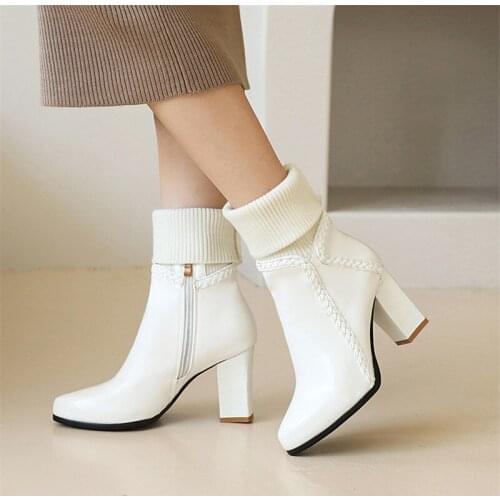 The New Women Ankle Boots Chelsea Boots White Boots Autumn Winter Ladies Pointed Toe Side Zipper Sexy Chunky High Heels Booties