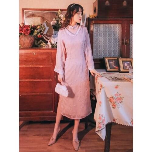 SWEETXUE Girl Cheongsam Improved Ruffled V-neck Dress Womens Lace Stitching Flared Sleeve Elegant Long Dress Vestido de mujer