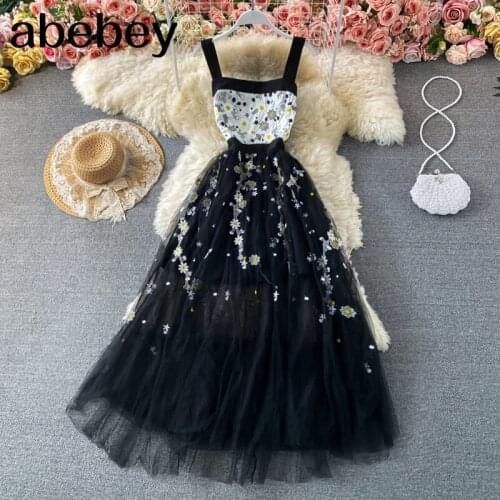 French Embroidery strap Flower Dress Women Blackless Sleeveless Splice Lace A-line Dresses Summer Chic Streetwear Midi Dress