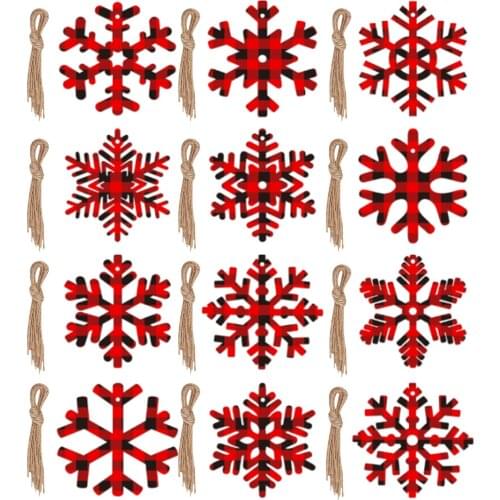 Red and black check printing snowflake pendant nepattern wooden snowflakes christmas pendantsw