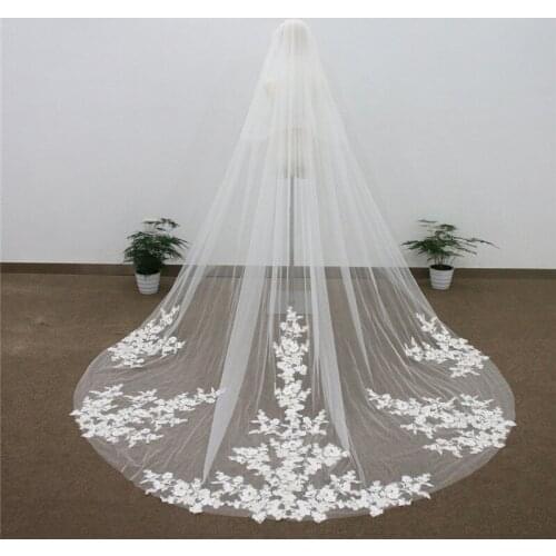 Real Photos Two Layers Bridal Veils Cathedral Long With Comb Blusher Cover Face Ivory White Tulle Lace Appliqued Wedding Veils