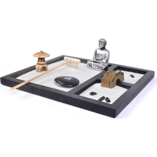 T3EC Japanese Zen Garden for Desk 8x7 Inches Large Wood Tray White Sand River Rocks Rake Tools Set Office Table Accessories Gift