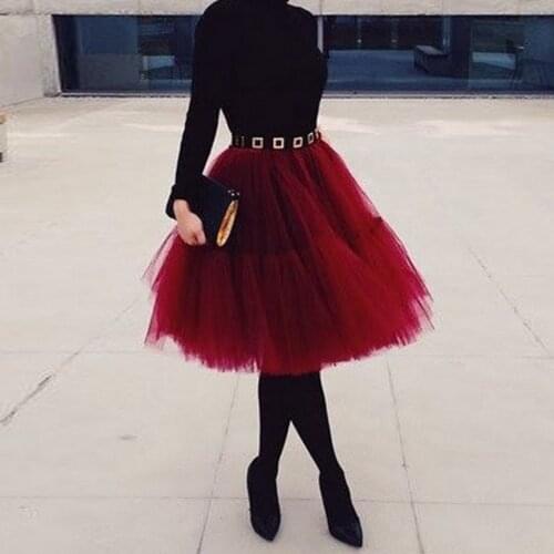 Burgundy Fluffy Tulle Skirt Vintage Womens Midi Skirts Party Tutu Skirt for Wedding Bridesmaid Dress Aso Ebi Autumn Winter Style
