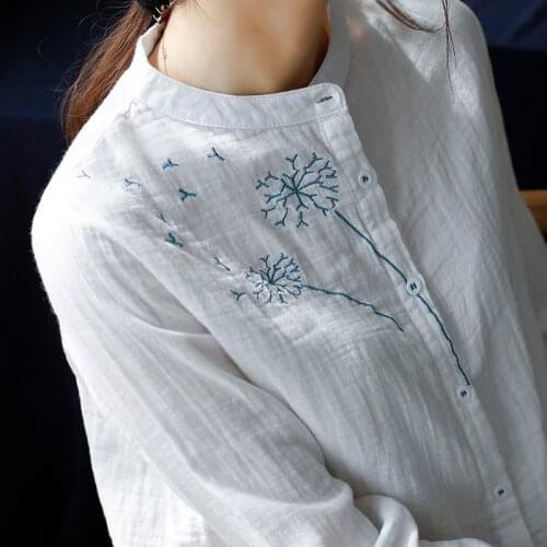 2019 new literary embroidered stand collar shirt women single-breasted double layer cotton loose white blouse