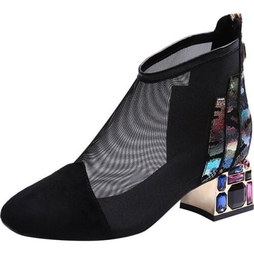 Summer Autumn 2021 New Style Zip of Square-head Thick Heel Mesh Pu Boots for Women Low-top Shoes Mesh Sandals for Women 35-40