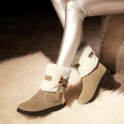 YMECHIC 2019 Cute Butterfly-knot Womens Flat Snow Boots Thick Warm Fur Ankle Boot Red Black Bow Lolita Winter Shoes Woman Bootie