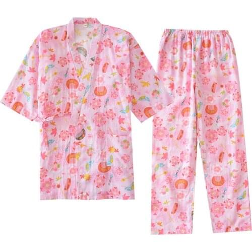 Summer Womens 100% Cotton Gauze Pajamas Sets Japanese Style Pijama Kimono Suit Ladies Sleepwear Femme Home Clothing