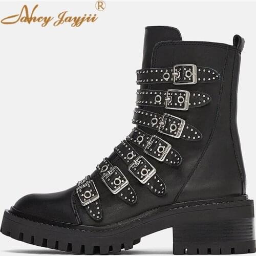 Low Heel Motorcycle Rock Punk Ankle Short Boots Strappy Rivets Luxury Winter Shoes Woman Nancayjayjii Fetish Size 3 15 16 Black