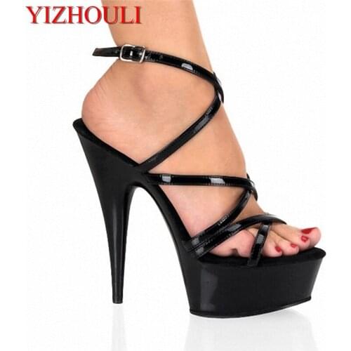 New Design Women Sexy Diamond Stage Sandals 15cm Super High Heel Stiletto Shoes Ankle Strappy Platform Dance Shoes