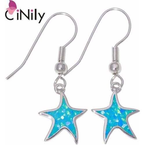 CiNily Created Blue Green Fire Opal Silver Plated Wholesale Star for Women Jewelry Engagement Dangle Earrings 1 1/4" OH4488-89