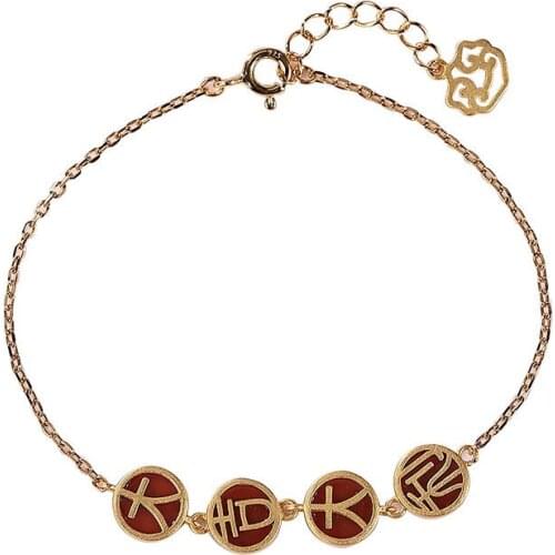 S925 sterling silver gold plated Southern red agate bracelet Retro Temperament Good luck National tide Ladies bracelet