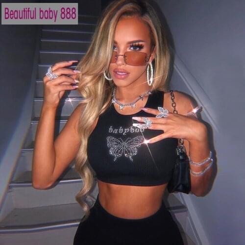 Meqeiss Rhinestone Ribbed Vest Ladies Sleeveless 2021Summer Active Short Casual Wear Slim Sexy Street Wear Sports Crop Top Women