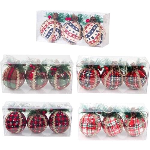 3Pcs Christmas Plaid Knit Ball Ornament with Pine Cone Xmas Tree Hanging Pendant