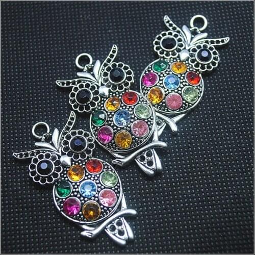 5pcs metal alloy pendants owl pendants with bright rhinestone lovely jewelry beads with silver colors size 48x24mm diy beads