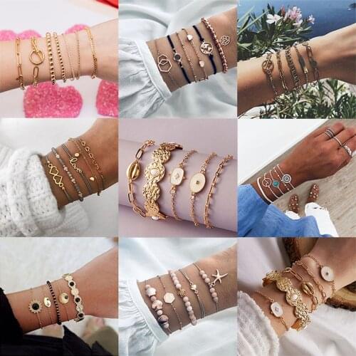 8 Styles Boho Mixed Golden Shell Starfish Turtle Sea Wave Alphabet Chain Bracelet Exaggerated Personality Jewelry Accessories