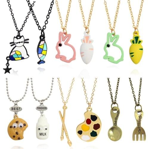 Best Friend Necklace Bff Cat Fish Rabbit Carrot Biscuit Milk Brushes Palette Spoon Fork Pendant Necklaces Jewelry Birthday Gift